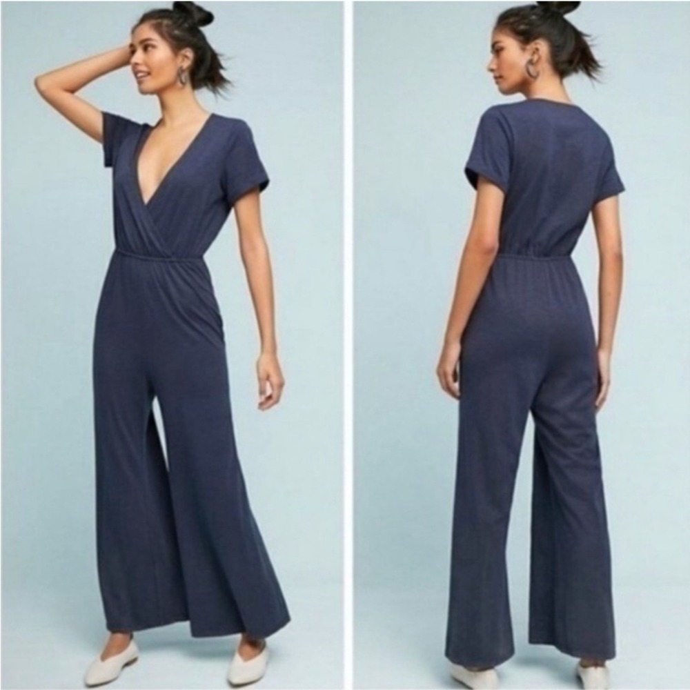Anthropologie Saturday Sunday Navy Blue Surplice Wide Leg Jersey Jumpsuit Small